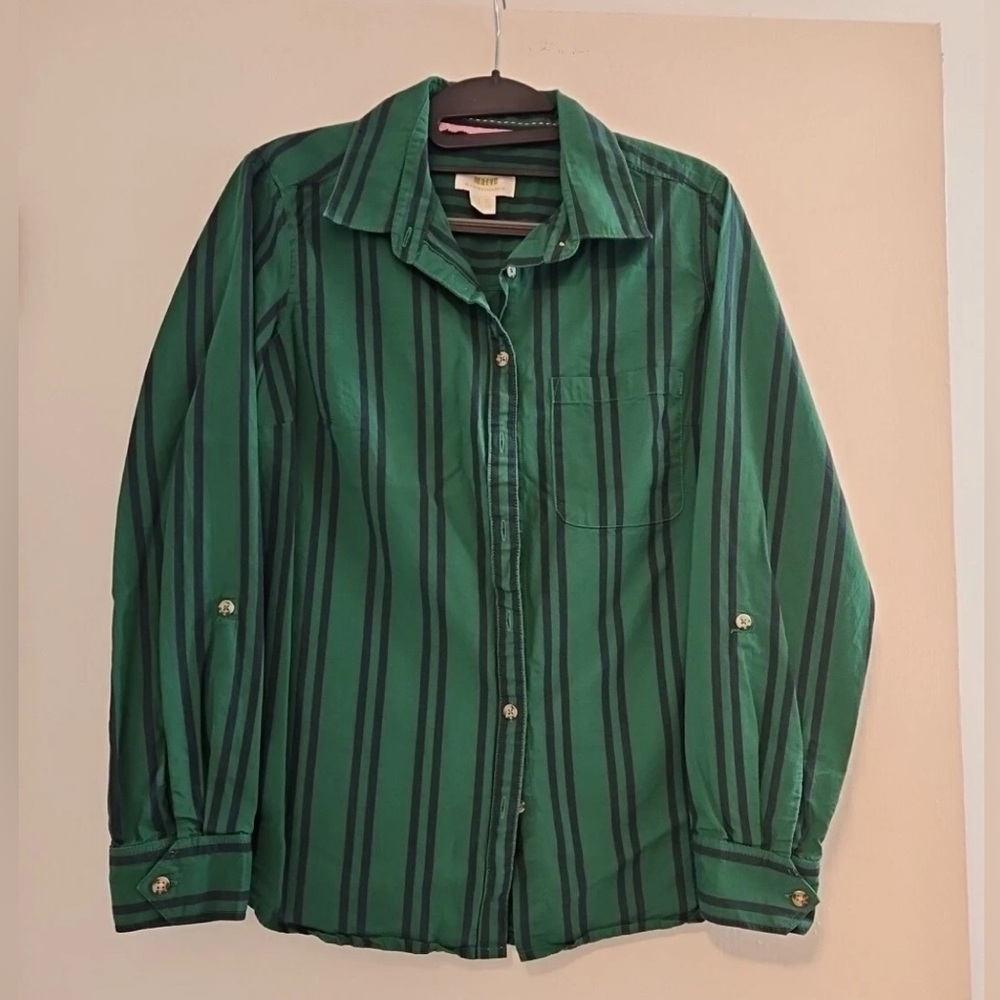 Anthropologie Maeve Collared Shirt Green/Navy Stripe Size 6